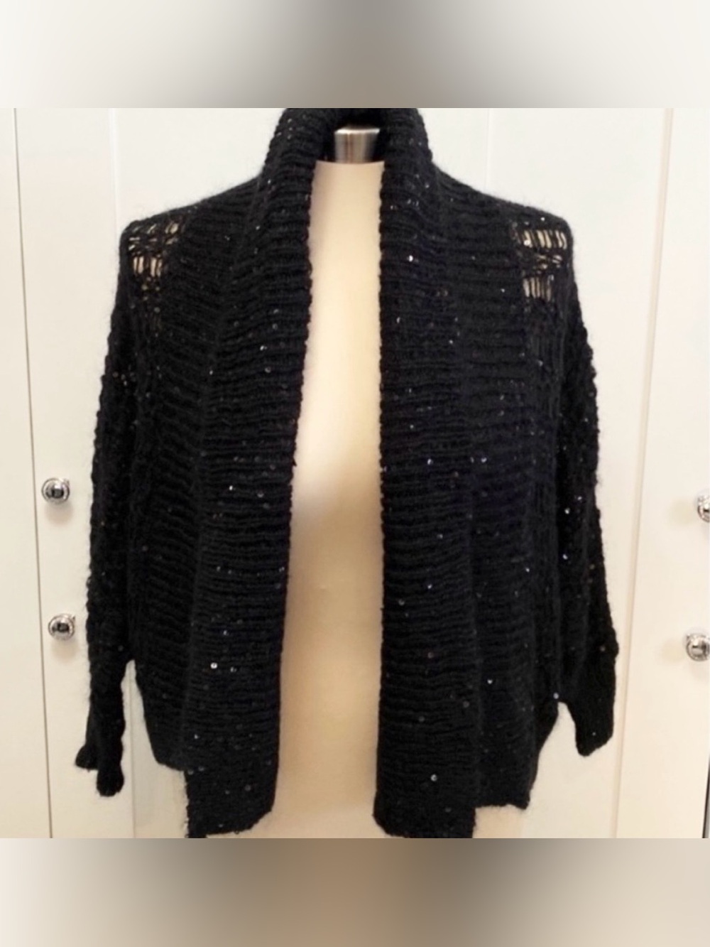 Express Sequin Open Front Crochet Sweater Jacket Shaw Cardigan Sz MED